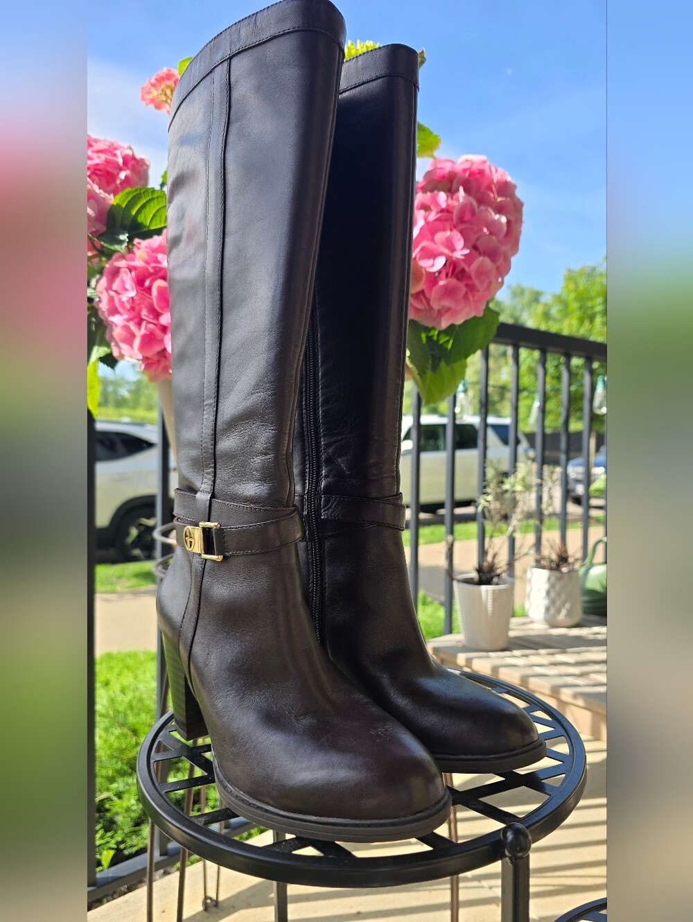 Giani Bernini Dark Brown Leather Knee High Boots Women’s Size 6 Side Zip Buckle